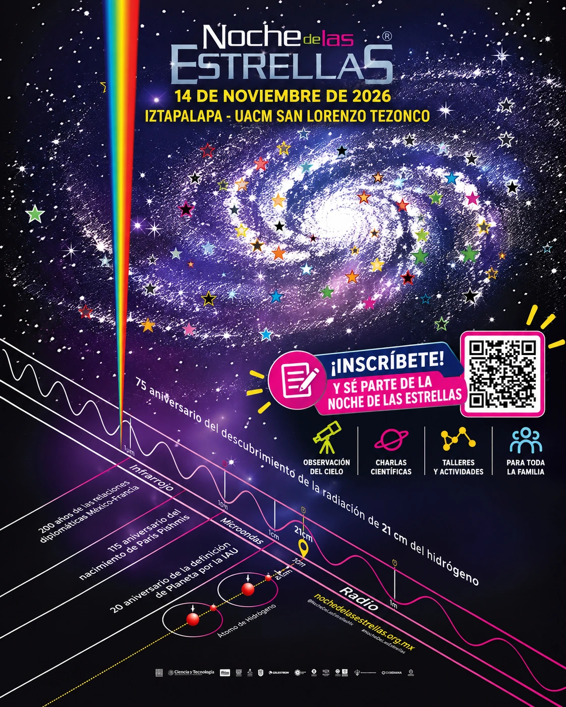 Cartel de Noche de las Estrellas 2026, sede Iztapalapa, UACM San Lorenzo Tezonco. 14 de noviembre, de 12:00 a 22:45 h.